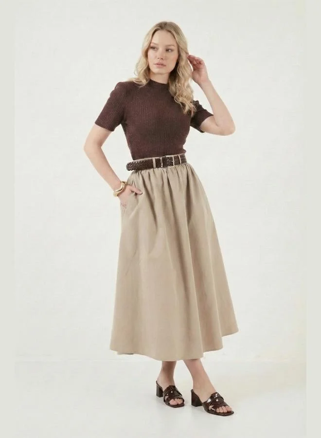 Lela Lela Cotton Relaxed Fit Elastic Waistband Detail Midi Skirt Women'S Skırt 6921273